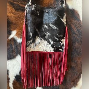 Red & Black Fringe Cowhide Western Purse